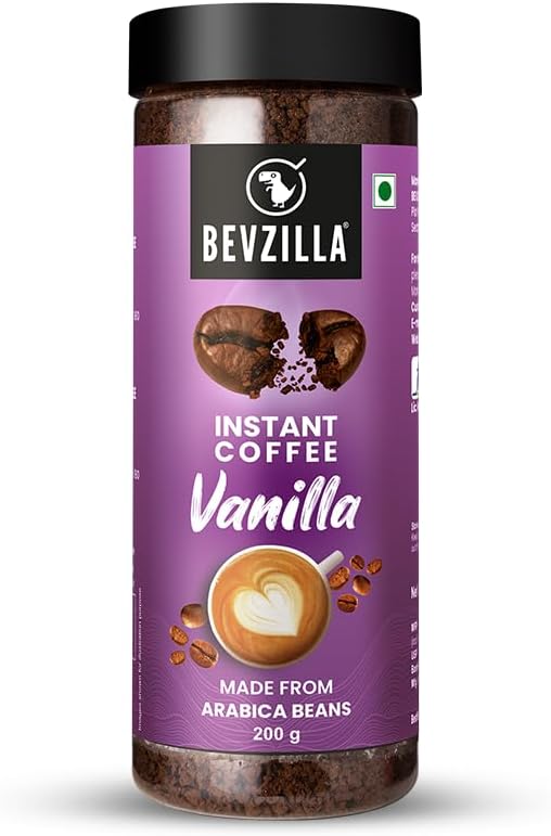 Bevzilla 200 Gram Vanilla Flavoured Instant Coffee Powder Jar | Make 100 Cups | Arabica Coffee | Best for Espresso, Latte & Cappucino | Hot & Cold Brew