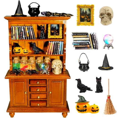 Rileryan 53 Pcs 1:12 Scale Magic Witchy Mini House Kit Halloween Miniatures Accessories Wooden Furnitures Bookshelf Bookcase 30 Mini Books Halloween Decoration