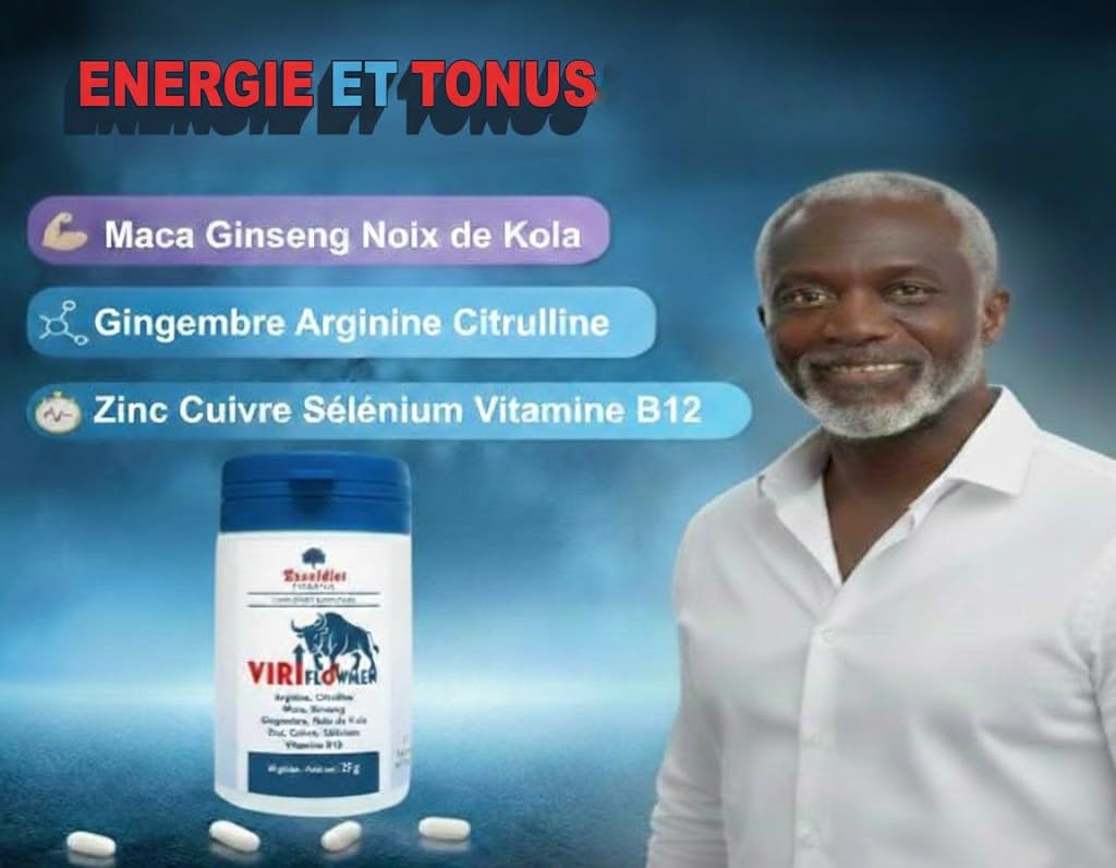 ViriflowMen – Complément Alimentaire Homme | Libido, Énergie Masculine, Vitalité & Endurance | Arginine, Citrulline, Ginseng, Maca, Kola, Gingembre | Vitamine B12 & Minéraux | 60 Gélules