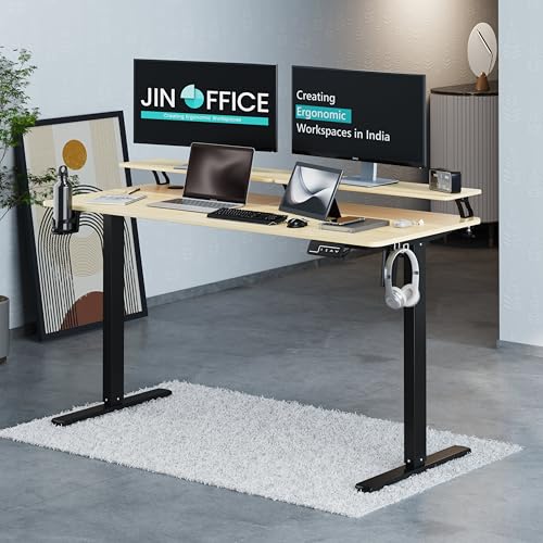 Image of JIN OFFICE Ascend Electric Height Adjustable Desk with Monitor Riser| Standing Desk with Cup Holder | 3 Year Warranty,80 KG Wt. Cap, Memory Presets| Sit Stand Ergonomic Desk 1400 * 600mm Maple Top