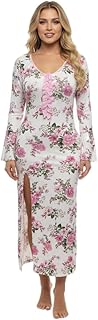قميص نوم ماكسي طويل الاكمام بطبعة زهور وقبة V مع فتحة جانبية للنساء من مانيكان