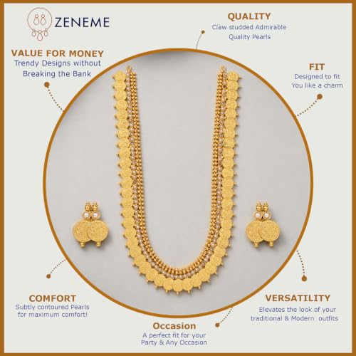 Image of ZENEME Jewellery Set Gold Plated Long Traditional Maharani Beads Studded Temple Coin Necklace Set with Earrings Jewellery For Women & Girls