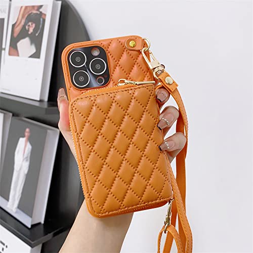 Coque cordon iPhone 14 Pro orange avec étui carte zip et sangle bandoulière