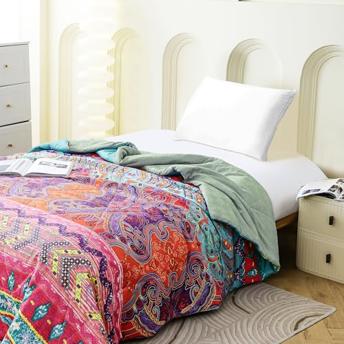 Image of Ac Comforter Single Bed Boho with Satin Finish 240 GSM - Reversible AC Comforter - Purple & Orange, Motif Comforter Quilt Duvet Dohar Blanket for Summer 150 X 225cm