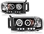 [For 2002-2005 Dodge RAM 1500 2500 3500] LED Halo Ring Black Projector Headlight Headlamp Assembly, Driver & Passenger Side