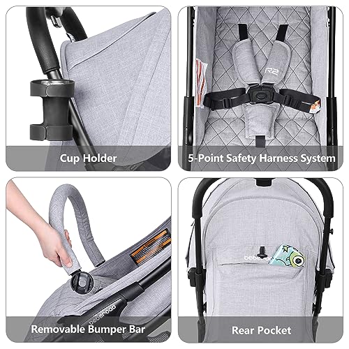 Beberoad Love R2 Small Travel Stroller Compact Strollers Foldable Lightweight Baby Stroller for Airplane, Infant with Adjustable Backrest, Cup Holder and Waterproof Canopy, Gray - Image 4
