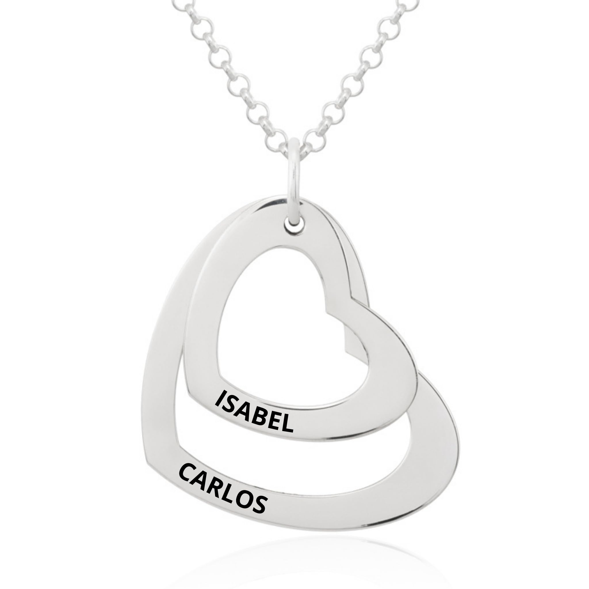 Collar Corazón con Grabación de Nombres Personalizada en Plata de Ley 925 Cadena de 45cm + Alargador. Regalo ideal de San Valentín, para Novia Madre Abuela. Hecho en España. (2 Corazones Plata)