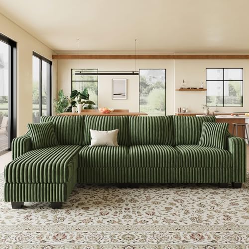 Belffin Sectional Couch with L-Shape Chaise L Shaped Couch with Ottoman Sectional Couches for Living Room Corduroy (Green, L Shaped) Green L Shaped