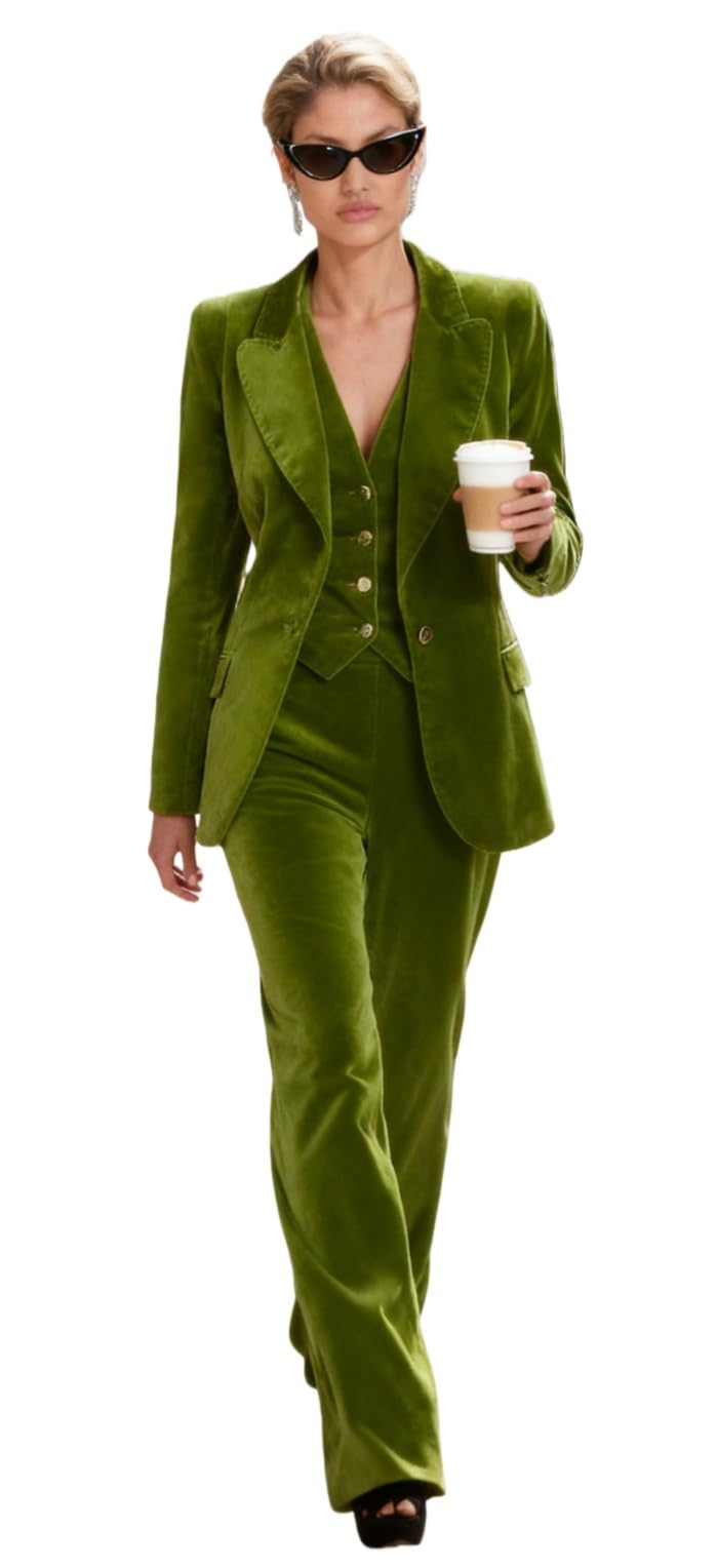 Botong 3 Pieces Velvet Suit Women Peak Lapel Office Lady Suit One Button Blazer Vest Pants Outfit
