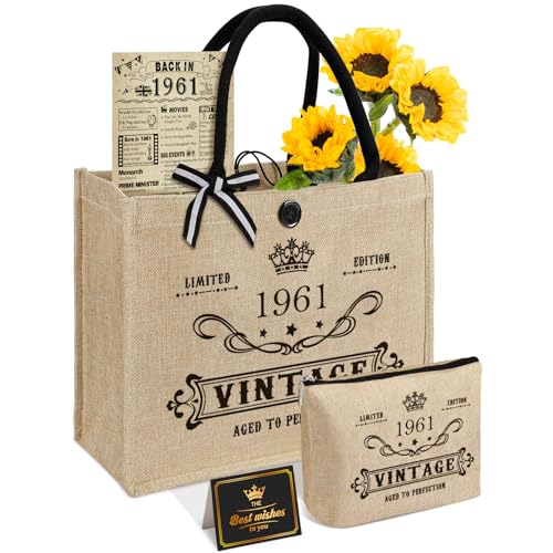 Amosking 65th Birthday Gifts for Women Jute Tote Bag Vintage 1961 Burlap Handbag with Cosmetic Bag and Back in 1961 Poster Unique 65 Years Old Gifts for Mum Friends Wife Sister Her