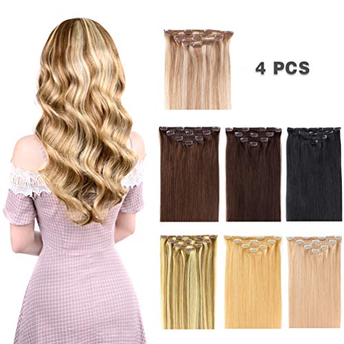 14" Clip in Hair Extensions Remy Human Hair for Women - Silky Straight Human Hair Clip in Extensions 50grams 4pieces #12-613 Color