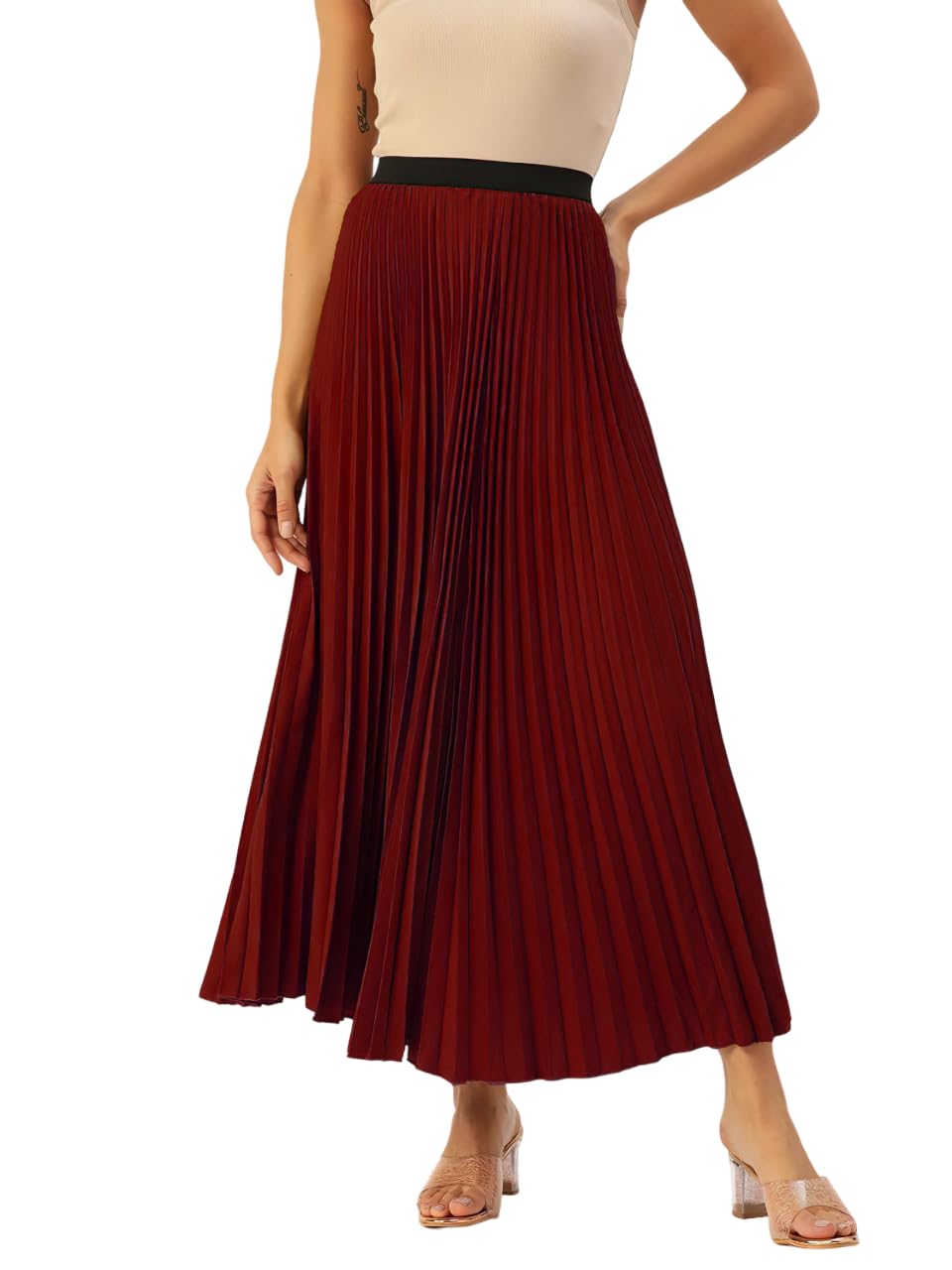 kzully | Skirt for Women | Flowing Grace Women's Satin Accordian Pleat Maxi Flared Skirt Maroon-picture-34