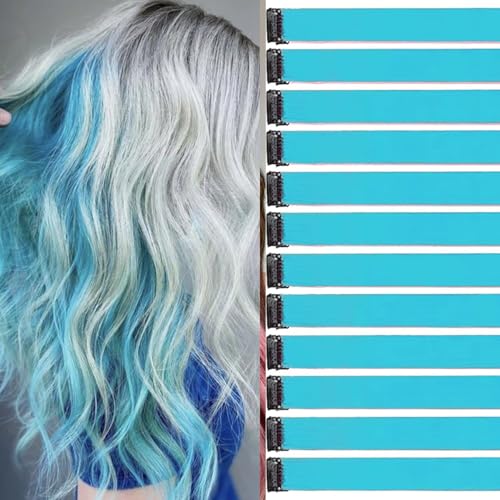 Lot de 12 mèches de cheveux bleu menthe, 55 cm, pour tresses, mèches individuelles, colorées,...