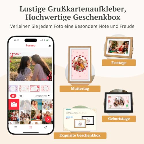 Digitaler Bilderrahmen Holz WLAN mit 32GB Speicher, 10.1 Zoll Elektronischer Bilderrahmen 1280*800 IPS Touchscreen, Fotos/Videos sofort über Frameo APP Teilen, Geschenke für Frauen Männer, Eichenholz