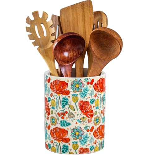 Kitchen Utensil Holder, 6.3 Inch Red Floral Ceramic Cooking Utensil Holder Colorful...