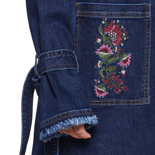 Dolls Kill Woven Dreams Denim Trench Coat by Current Mod - Floral Embroidered Stretch Denim with Faux Fur Collar - Blue4