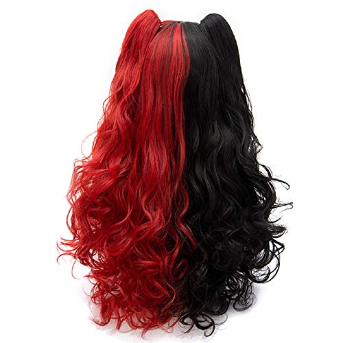 Probeauty Lolita Mix Color Wigs Long Curly Ponytail Women Anime Cosplay Wig + Wig Cap (Red Mix Black Harley Quinn Wig)