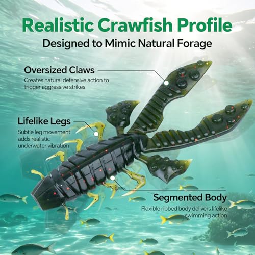 Image of Battle Craw Soft Plastic Crawfish Lures Kit with Removable Rattles | Salt Infused Creature Bait for Bass Fishing, Texas Rig & Jig Trailer Lure in Tackle Box, Realistic 1:1 Claw-to-body 4.1 /5.5in