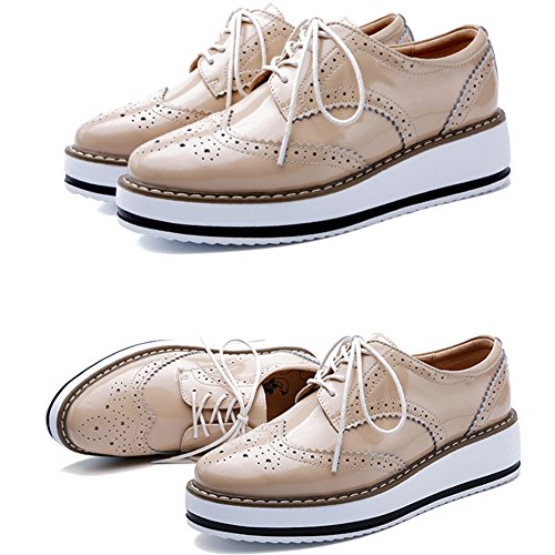 YING LAN Women's Platform Lace-Up Wingtips Square Toe Oxfords Shoe Apricot - Thumbnail 5