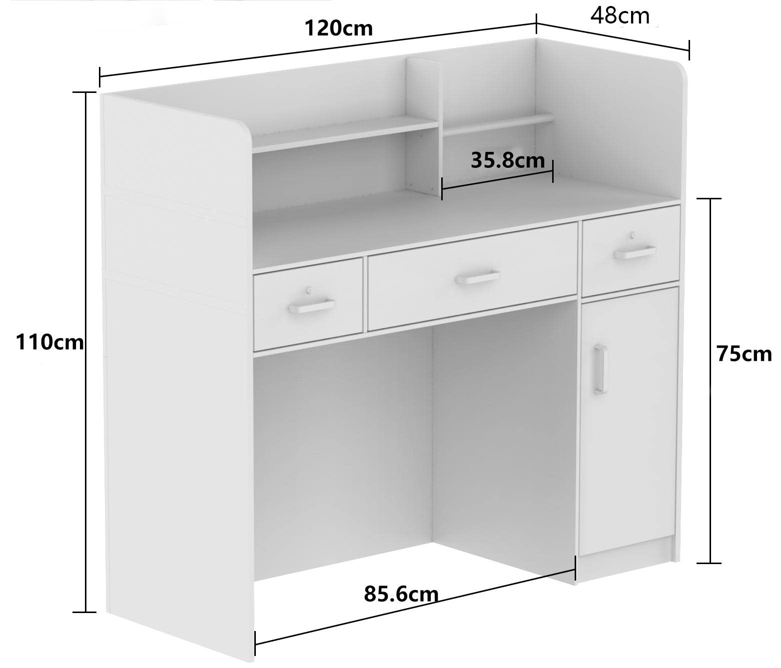 Mesa de Oficina, Mueble Recepción, Mostradores de Recepción Grandes, Mostrador Basic, con 3 Cajones, Mostradores para Tiendas, Disponible, Pantalla de Privacidad, Blanco, MDF, 110 x 120 x 50 CM
