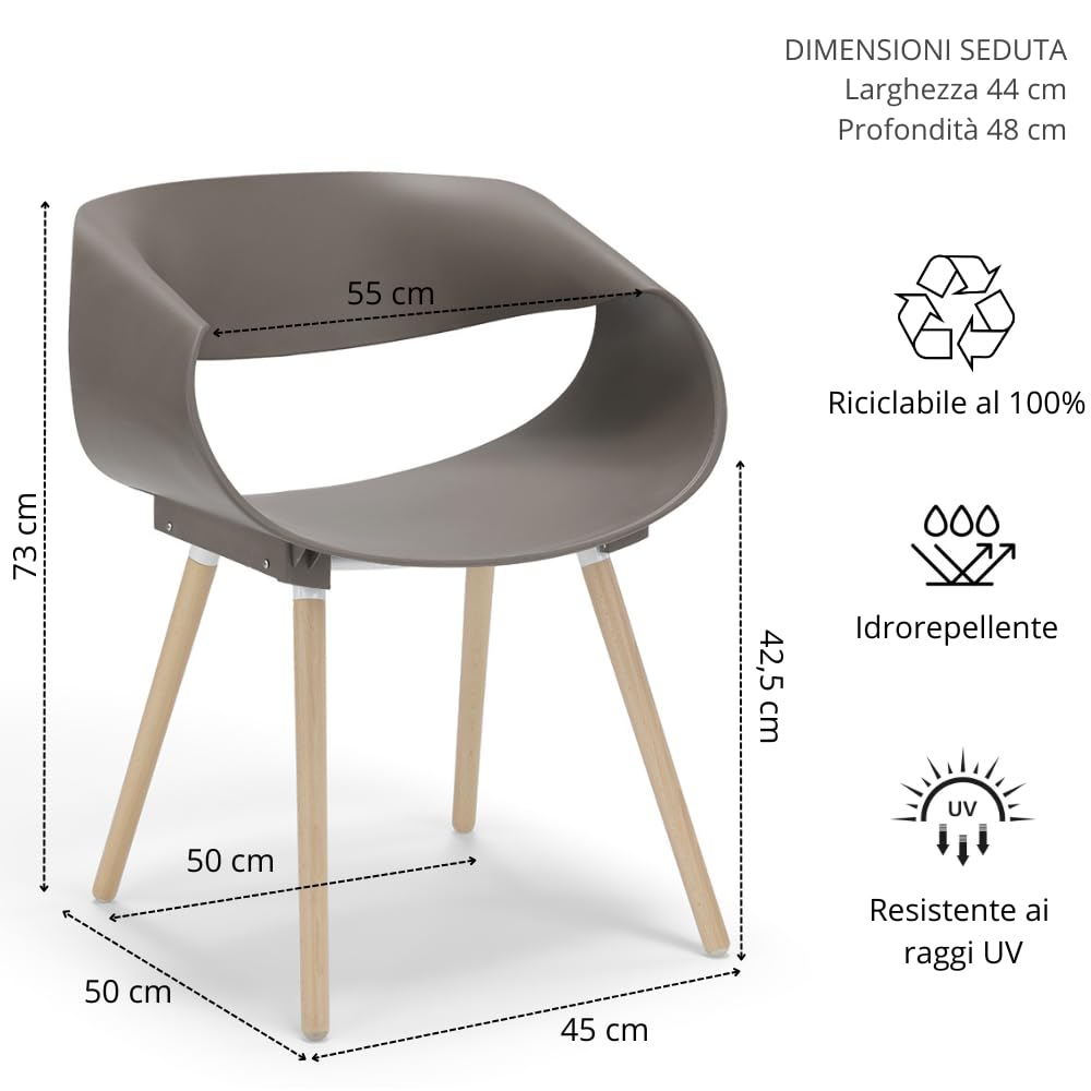 REDÒKASA Set 4 sedie in polipropilene DILETTA con gambe in faggio, resistente ai raggi UV, design moderno, ideale per sala da pranzo, cucina, sala d’attesa, bar, ristoranti (Tortora, 4)