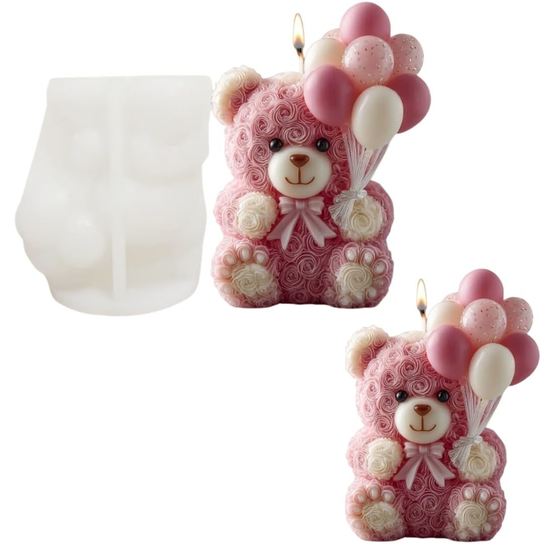 LEGACYCART Small Bowtie Rose Flower Bear Holding Balloons Candle Mold - 3D Teddy Bear Silicone Mold for DIY Handmade Soaps, Epoxy Resin Crafts, Father's Day Gifts, Birthday Gifts, Valentine's Day Gifts & Home Decorations Reusable Molds (PACK OF 1)-picture-12