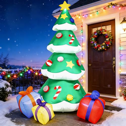 DXIA Sapin de Noël Gonflable avec 3 Boîtes de Cadeaux, Arbre Lumineux Auto-Gonflant, Décoration Extérieure pour la Cour, la Pelouse et la Place