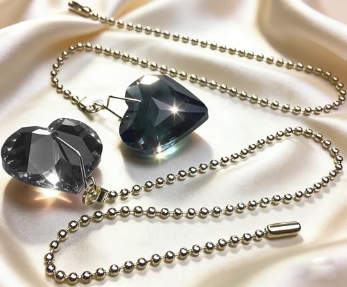 Image of 2Pcs Crystal Ceiling Fan Pull Chain Extender with Connector, 12 inch | K9 Crystal Glass, Not Acrylic, Heart Prism, Cut-To-Length Adjustable, Snap-On Connector For Fan, Light, Lamp (Black)