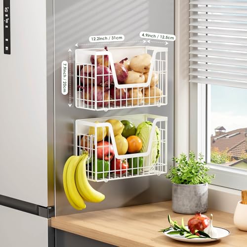 Image of 2 Set Magnetic Fridge Shelf, White Magnetic Fruit Basket for Fridge | Potato and Onion Storage Bins, Wire Baskets Magnet Shelves Spice Rack for Refrigerator Laundry Kitchen Organizer and Storage