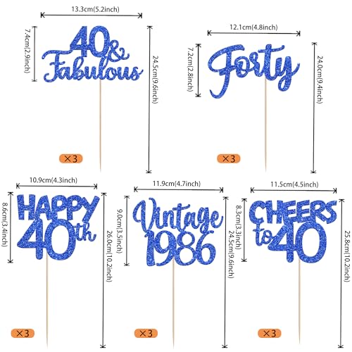 Image of 15 PCS 40th Birthday Centerpiece Sticks Forty Happy 40 Vintage 1986 Table Flower Centerpieces Sticks Cheers to 40 Fabulous Floral Decorations for 40th Birthday Party Supplies Blue