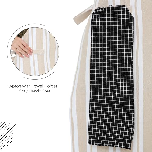 Image of Encasa XO Cotton Cooking kitchen Apron for Women and Men chef apron With adjustable neckstrap, Pocket & Towel Holder for Easy cooking, Baking, BBQ, Gardening- Franca Beige Stripes, 68x85 cm
