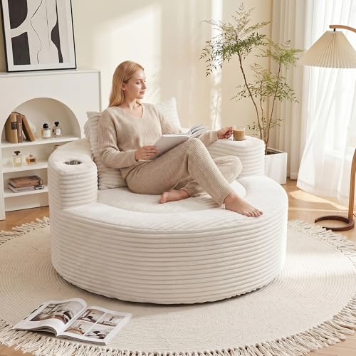 55.5 Oversized Round Chaise Lounge Chair Indoor with Stainless Steel Cup Holders Modern Upholstered Corduroy Cloud Boneless Chair Deep Seat Circle Floor Sofa for Living Room No Assembly (White)