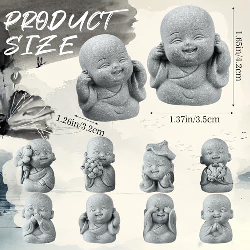 Juego de 8 estatuas pequeñas de Buda sonriente en arenisca miniatura 2