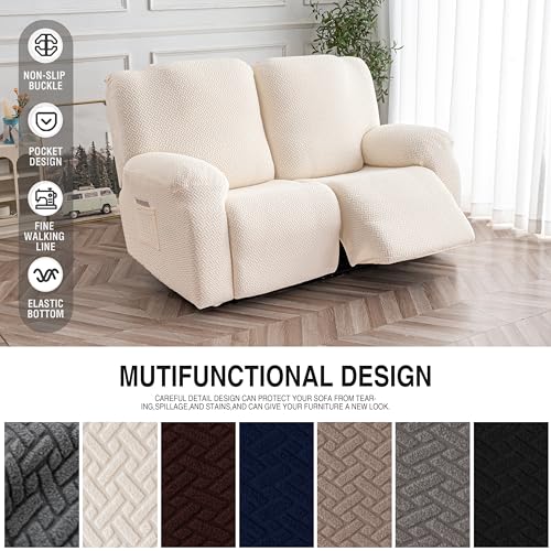 Image of Genina Recliner Loveseat Cover Stretch Couch Covers Sofa slipcover for 2 Seat Reclining Couch Thick Jacquard Furniture Protector (Beige)