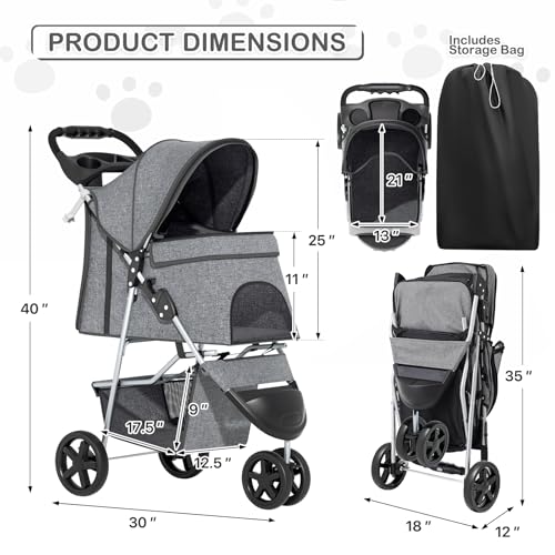 Image of MoNiBloom 3 Wheels Pet Dog Cat Stroller for Small Medium Dogs and Cats, Lightweight Foldable Jogger Stroller w /Storage Basket and Cup Holder, Gray