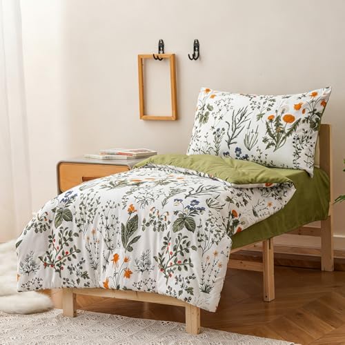 Image of Wellboo Botanical Toddler Bedding Sets for Girls Boys White and Green Floral 4 Pieces Soft Crib Bed Set Including Comforter, Sheets and Pillowcase Watercolor Flower Bohemian Quilt Rustic Leaf Blossom