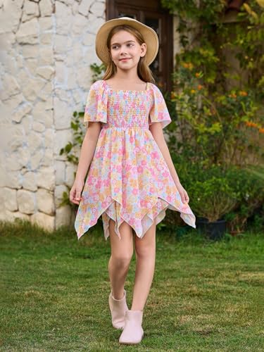 Haloumoning Girls' Summer Floral Dress Kids Short Sleeve Square Neck Smocked Flowy Dresses 5-14 Years4