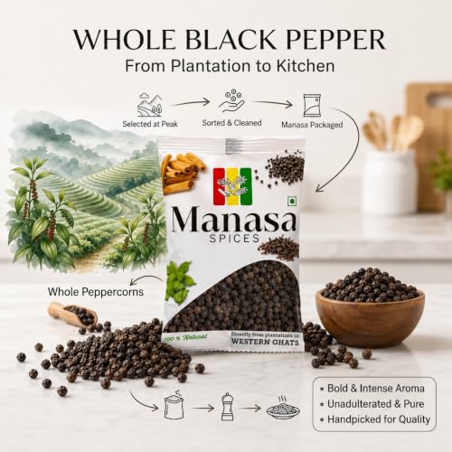 Image of Manasa Spices Black Pepper Whole 100gm, Kali Mirch Whole Sourced from the fertile Western Ghats, Bold Sun-Dried Peppercorns, 100% Natural & Pure, Rich Aroma & Flavor, Sabut Gol Mirch for Cooking