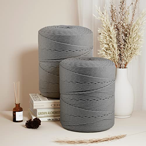 Image of ZUEXT Macrame Cord, Gray, 4mm x 547yds Cotton String Macrame Yarn | Natural Handmade, 4 Strands Twisted Cotton Rope, for Craft Wall Hanging Weaving Tapestry Dream Catchers Hanger DIY Gift, 500m