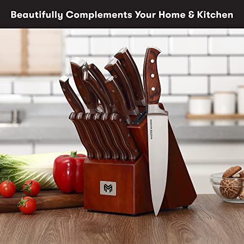 Master Maison 15-Piece Kitchen Knife Set with Block - Knife Set - Stainless Steel Knives with Sharpener and 6 Steak Knives (Walnut)