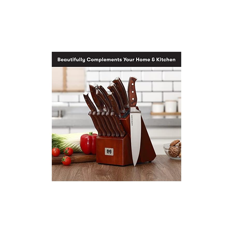 Master-Maison-15-Piece-Premium-Kitchen-Knife-Set-With-Block-German-Stainless-Steel-Knives-With-Knife-Sharpener-6-Steak-Knives-Walnut Master Maison 15-Piece Kitchen Knife Set with Block - Knife Set - Stainless Steel Knives with Knife Sharpener and 6 Steak Knives (Walnut)