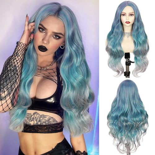Quantum Love Long Curly Ombre Blue Wig for Women Long Wavy Bluish Green Wigs 28inch Natural Looking Synthetic Colorful Hair for Cosplay Halloween DailyParty Use