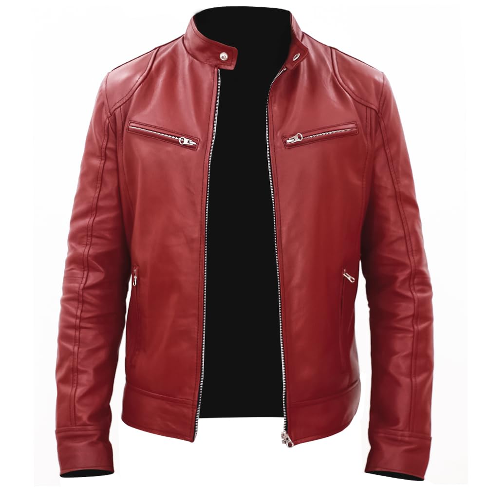 Rising Bloom Men's Maroon Real Leather Jacket Biker Motorcycle Cafe Racer Vintage Retro Bomber Winter Black Genuine Leather Jacket (As8, Alpha, 3X_l, Regular, Regular, )