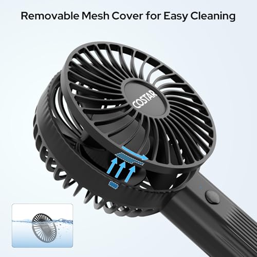 Image of COSTAR Handheld Fan, Brushless Motor Portable Hand Fan with Fan Base, 3 Speeds USB Fan, 1800mAh Battery Rechargeable for Summer and Travel Use by Women and Men (Black)