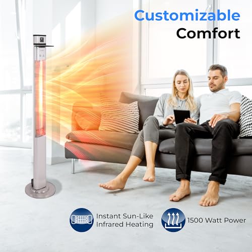 Image of SereneLife Infrared Patio Heater, 1500W Electric Standing with Remote Control, IP44 Approved, Odorless, Three Power Settings, Indoor /Outdoor for Restaurant, Backyard, Garage, Decks