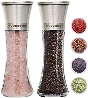 Salt and Pepper Grinder of 2 Sets, Premium Stainless Steel Sea Salt Glass Cruet, Black Pepper Mill with 5 Grade Adjustable Coarseness, Large Body Travel Shaker Pinch Pots