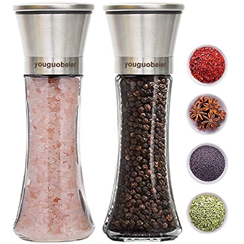 Salt and Pepper Grinder of 2 Sets, Premium Stainless Steel Sea Salt Glass Cruet, Black Pepper Mill with 5 Grade Adjustable Coarseness, Large Body Travel Shaker Pinch Pots