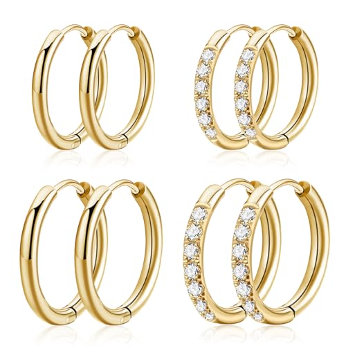 Small Gold Hoop Earrings for Women, Hypoallergenic 14K Gold Plated Stack Cartilage Earrings Multiple Piercing Jewelry Set, Lightweight Tiny Mini Thin Dainty Trendy Nickel-free for Sensitive Ears