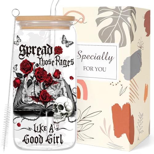 Deorfuy Gothic Glass Cup Gifts for Women Girls 16 Oz Dark Romance Theme Glass Cup with Lids Straw Gifts Spooky Skeleton Halloween Tumbler Present