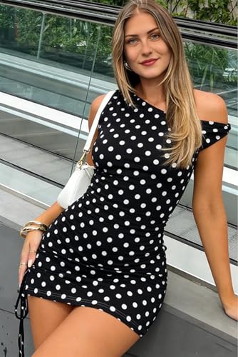 Image of ABMOIU Women's Off Shoulder Print Ruched Bodycon Mini Dress for Party Club | Asymmetric one-shoulder neckline with side drawstring, soft stretch fabric for date night, birthday, concert